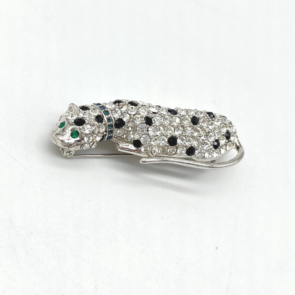 K.J.L. for Avon Leopard Panther Brooch‎ Rhinestone Pave Black White Green Eyes